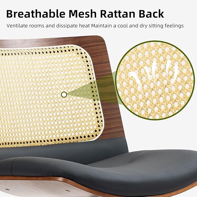 Rattan Office Chair, Criss Cross Legged Office Desk Chairs with Wheels, PU Leather Adjustable Swivel Walnut Task Chair with Wide Seat, Ergonomic Mid Back Computer Chair for Meeting Room, Home