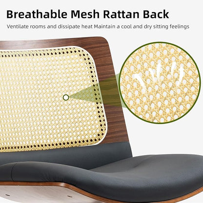 Rattan Office Chair, Criss Cross Legged Office Desk Chairs with Wheels, PU Leather Adjustable Swivel Walnut Task Chair with Wide Seat, Ergonomic Mid Back Computer Chair for Meeting Room, Home