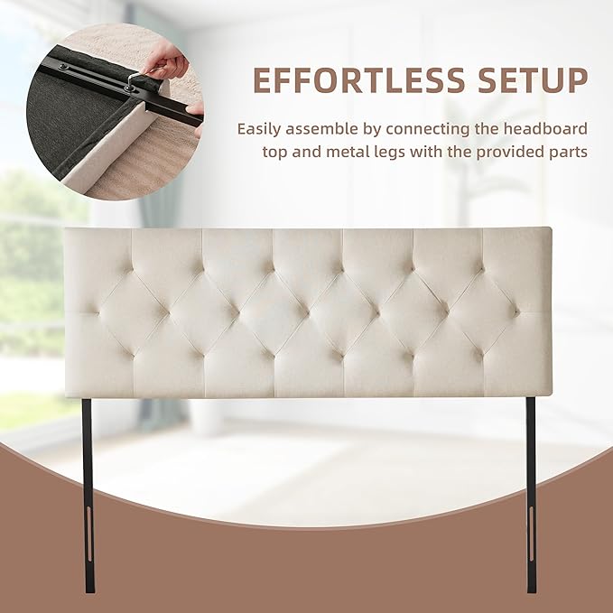 Linen Fabric Upholstered Headboard Queen Size, Modern Diamond Tufting Solid Wood Queen Headboard Only, Adjustable Height from 37” to 51” Head Board, Bed Frame or Wall Mount Headboards, Beige