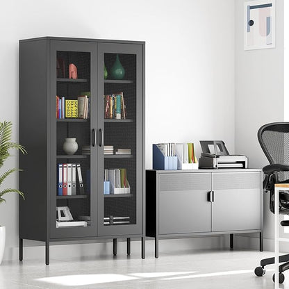 73 Inches Black Metal Storage Cabinet with Mesh Doors, 5 Tier Display Cabinet for Home Office, Metal Kitchen Pantry Storage Cabinet with 4 Adjustable Shelves