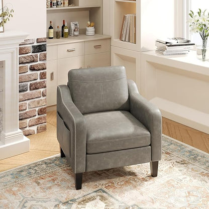 PU Leather Accent Chair, Mid-Century Modern Living Room Armchair Sofa with Removable Cushions, Solid Wood Frame & Stitched Armrest Design, Bedroom Chair with Plastic Legs, Grey
