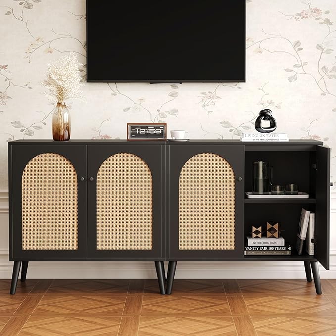 Rattan Storage Cabinet, 2-Door Buffet Cabinet with Storage in Black, Adjustable Shelf, Elegant Rattan Door Sideboards for Stylish Home Organization 31.5" Black Set 2