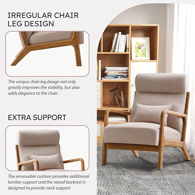 Accent Chair Mid Century Modern Chair Linen Fabric Living Room Chairs with Solid Wood Frame Comfy Upholstered and Lumbar Pillow Reading Side Chair Easy Assembly for Bedroom (2, Beige)