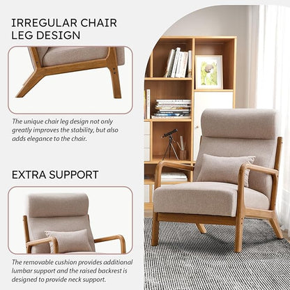 Accent Chair Mid Century Modern Chair Linen Fabric Living Room Chairs with Solid Wood Frame Comfy Upholstered and Lumbar Pillow Reading Side Chair Easy Assembly for Bedroom (2, Beige)