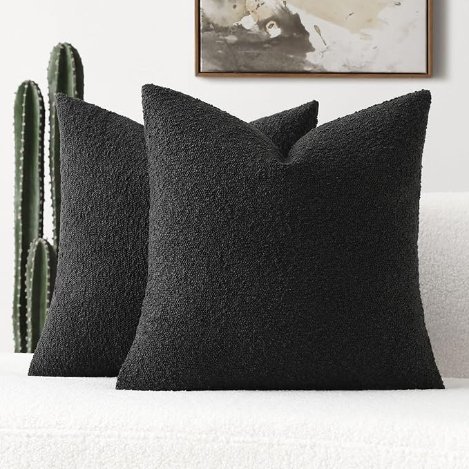 FUTEI Pack of 2 Black Decorative Throw Pillow Covers 18x18 Inch Soft Cozy Solid Boucle Textured Cushion Case,Modern Home Decor for Couch Bed Living Room