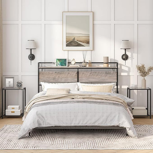 HOOBRO Full Size Headboard, Headboard with 2 Outlets and 4 USB Ports, Adjustable Height, Storage Rack, Sturdy and Stable, Easy Assembly, Greige and Black