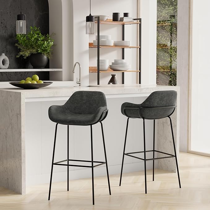 SIMPLIHOME Mira Bar Stools (Set of 2) - 30 inch Seat Height Upholstered Metal Bar Chairs in Distressed Slate Grey Vegan Faux Leather, Contemporary Seating with Curved Cushioned Seat and Armrests