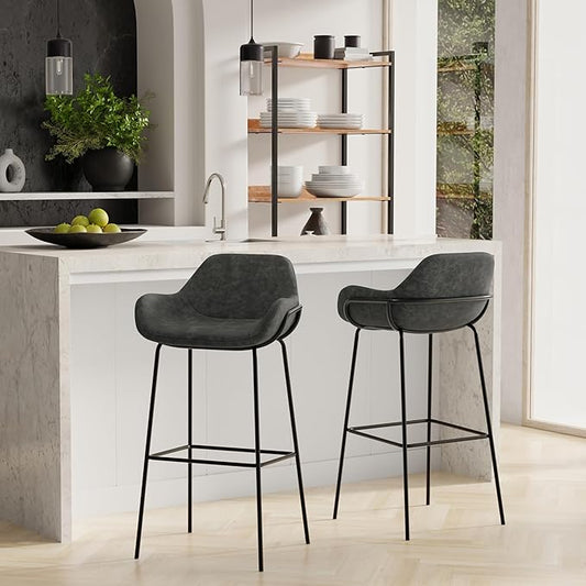 SIMPLIHOME Mira Bar Stools (Set of 2) - 30 inch Seat Height Upholstered Metal Bar Chairs in Distressed Slate Grey Vegan Faux Leather, Contemporary Seating with Curved Cushioned Seat and Armrests