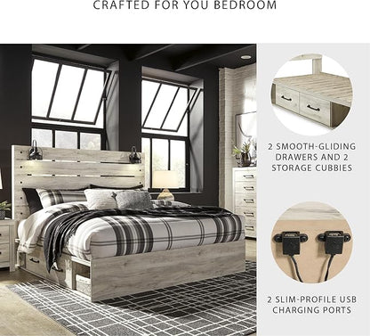 Signature Design by Ashley Cambeck Farmhouse King Panel Platform Bed with 2 Storage Drawers, Cubbies, Sconce Lights and USB Ports, Foundation or Box Spring Not Needed, Whitewash