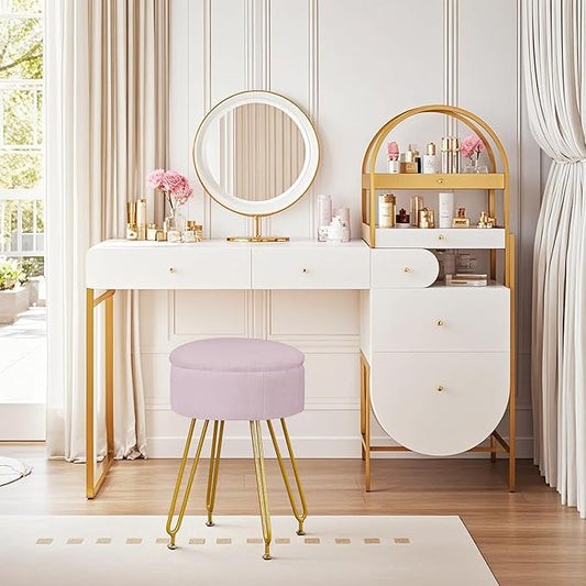 VECELO Vanity Stool with Storage, Velvet Chair for Vanity, Strong Metal Legs, Anti-Slip Feet, Padded Seat for Make Up, Bedroom, Living Room, Entryway, Pink