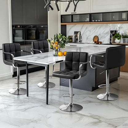 Yaheetech Bar Stools Set of 3, PU Leather Adjustable Barstools with Armrest, Counter Height Stool Chairs with Thickened Seat Cushion for Kitchen Island, Black