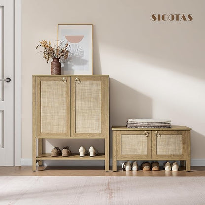 SICOTAS Shoe Storage Cabinet for Entryway - 5 Tier Rattan Entry Shoe Organizer Cabinet with Shelves & Doors, 2 Pieces Farmhouse Boho Shoe Rack for Hallway, Living Room, Closet (Carbon Cherry)