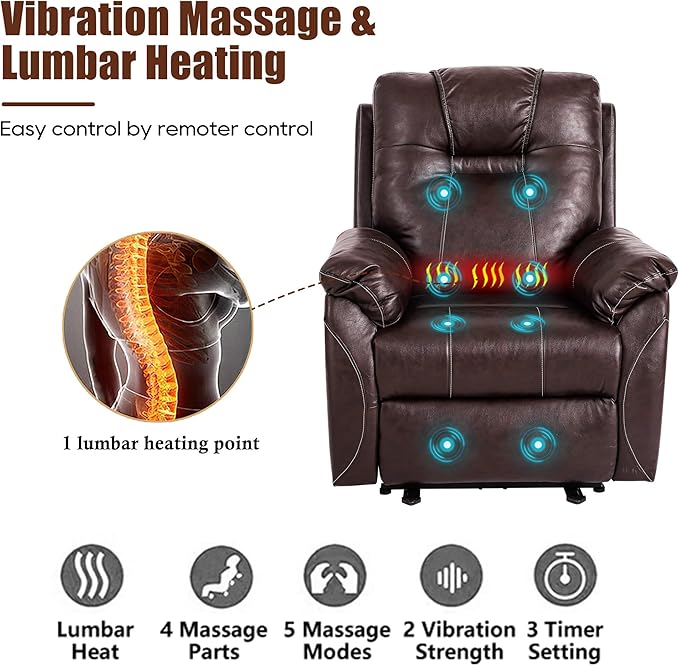 Power Recliner Chair with Heat and Massage, Electric Leather Recliner Chair for Adults with Extended Footrest, USB Port & Side Pockets, Faux Leather Massage Chair for Living Room (Brown)