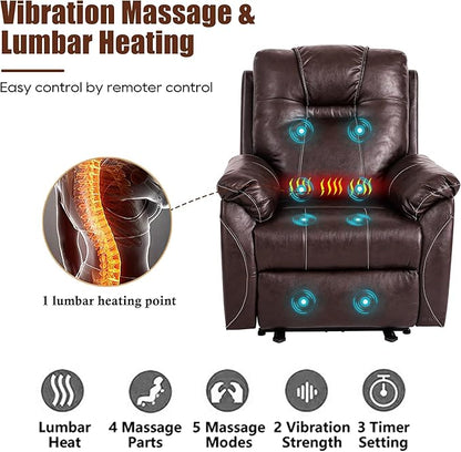Power Recliner Chair with Heat and Massage, Electric Leather Recliner Chair for Adults with Extended Footrest, USB Port & Side Pockets, Faux Leather Massage Chair for Living Room (Brown)