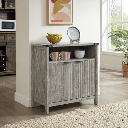 Buffet Cabinet with Storage - Modern Farmhouse Rustic 32 Fluted Sideboard Storage Cabinet Buffet with Adjustable Shelves, Coffee Wine Bar Organizer for Dining Room (Grey)