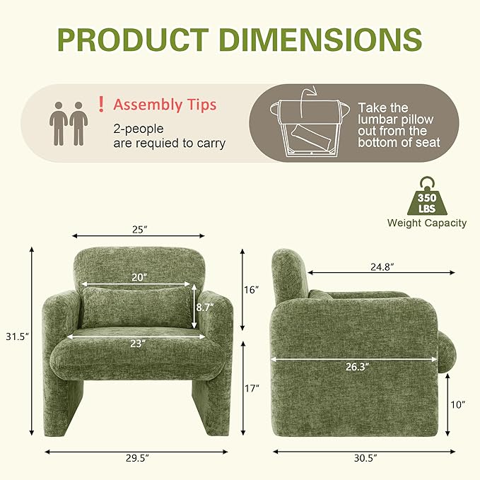 LSSPAID Modern Accent Chairs, Chenille Fabric Armchairs for Living Room, Comfy Upholstered Leisure Single Sofa Chair with Lumbar Pillow for Bedroom, Balcony, Office (Green, Set of 2)