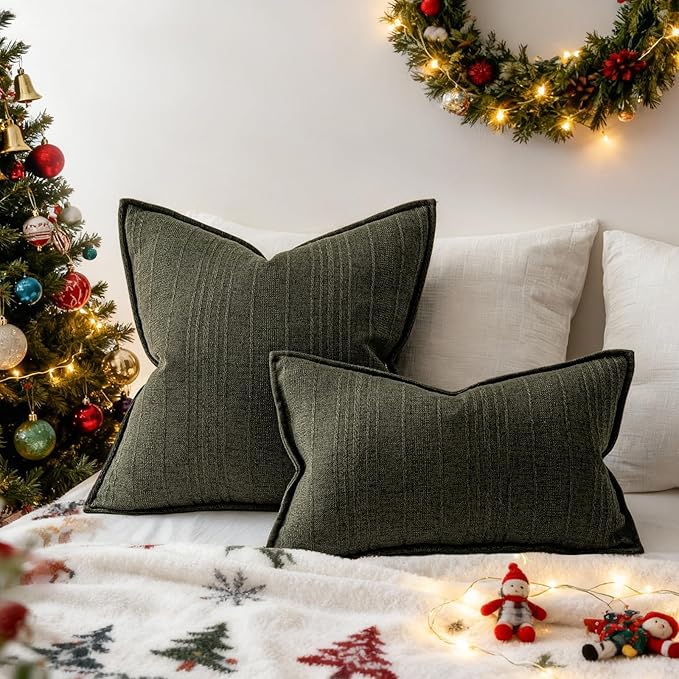a moment Christmas Linen Pillow Covers Set of 2,Boho Farmhouse Throw Pillowcases Neutral Textured Decorative Covers for Couch Sofa,Soft Linen Blend Accent Case Cushion Home Decor 22"x22"Dark Green