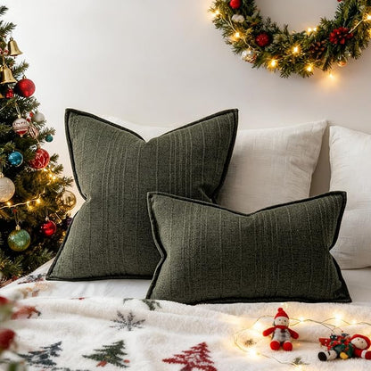 a moment Christmas Linen Pillow Covers Set of 2,Boho Farmhouse Throw Pillowcases Neutral Textured Decorative Covers for Couch Sofa,Soft Linen Blend Accent Case Cushion Home Decor 22"x22"Dark Green