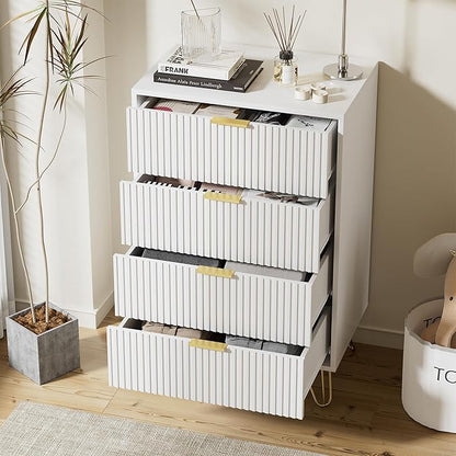 White Dresser for Bedroom, Modern Wide Dresser with Gold Pulls and 4 Drawers for Bedroom, Closets, 15.7" D x 23.6" W x 37.4" H