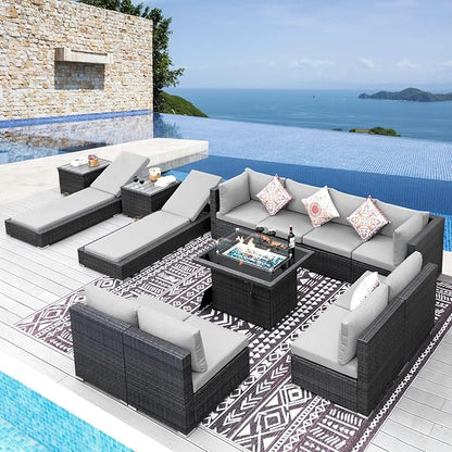 NICESOUL 13Pcs Outdoor Furniture Set with Firepit Table, All-Weather Wicker Modular 10-Seats Patio Sofa with Matching Lounge, 500LBS High Weight Capacity Deep Seated Sectional Couch Set, Light Gray