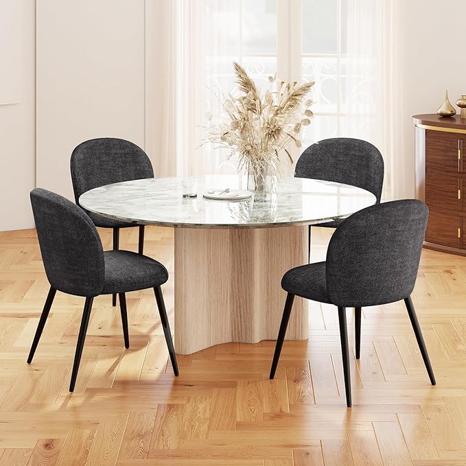Upholstered Dining Chairs Set of 2, Modern Kitchen Side Chair with Padded Seat Comfortable Chenille Fabric Study Black Matel Legs,Desk Chair with Back for Dining Rooms, Black