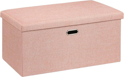 VECELO 30'' Folding Storage Ottoman Bench, End of Bed Linen Fabric Foot Rest Stool with Padded Seat, Large Footstools for Bedroom, Living Room, Load 550 lb, Pink