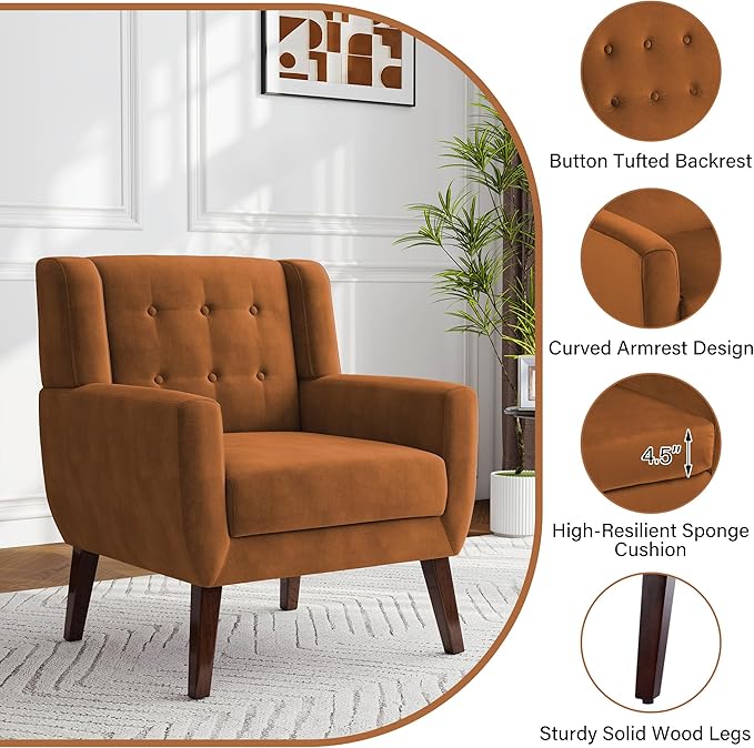 Lumibee Accent Chairs Set of 2, Velevet Fabric Armchairs for Living Room, Comfy Upholstered Arm Chairs Tufted for Indoor Bedroom Office Room (Orange Velvet)
