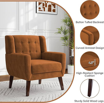 Lumibee Accent Chairs Set of 2, Velevet Fabric Armchairs for Living Room, Comfy Upholstered Arm Chairs Tufted for Indoor Bedroom Office Room (Orange Velvet)