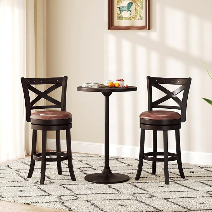 COSTWAY Bar Stools Set of 2, 26" Swivel Counter Height Bar Chairs with Copper Nails, Upholstered Seat, X-Shaped Backrest, Solid Rubber Wood Frame, for Kitchen Island Pub Bar