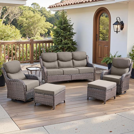 Belord Luxury 6" Thick Cushioned 6 Pieces Patio Furniture Set with Outdoor Couch, Wicker Outdoor Conversation Set with High Back Swivel Rocker Chairs for Deck Porch Yard and Poolside - Brown+Grey