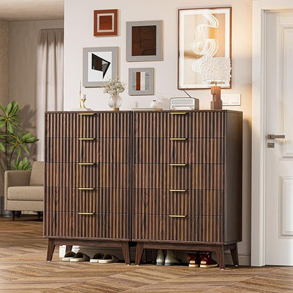 Modern Fluted 5 Drawer Tall Dresser, 48" H, Walnut, Curved Profile Design, Mid Century Wood Chest of Drawers for Bedroom, Living Room, Hallway