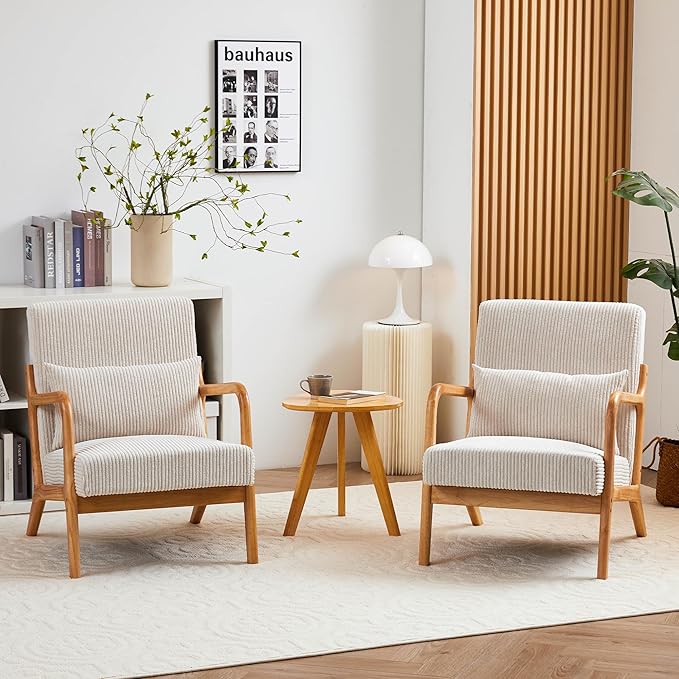 Accent Chairs, Set of 2 Mid-Century Modern Chair with Pillow, Armchair with Solid Wood, Reading Relaxing Leisure Chair for Living Room,（Beige）