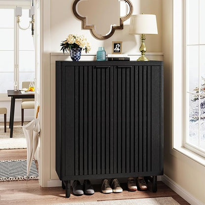 Tribesigns 6-Tier Shoe Cabinet with Shutter Doors, Large Wooden Shoe Organizer Rack with Adjustable Shelves, Modern Farmhouse Hidden Storage Furniture for Entryway, Hallway (Black)