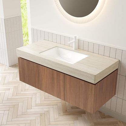 48 Inch Floating Bathroom Vanity with Sink, Wall-Mounted Bathroom Vanity with Drawer and 2 Doors, Roma Travertine-Pattern Countertop and Ceramic Basin, Pre-Assembled, Espresso Woodgrain Color