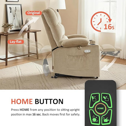MCombo Large Dual Motor Power Lift Recliner Chair for Elderly, Massage and Heat, Lay Flat, Zero Gravity, Home Button, USB Port, Fabric 7680 (Large, Beige)