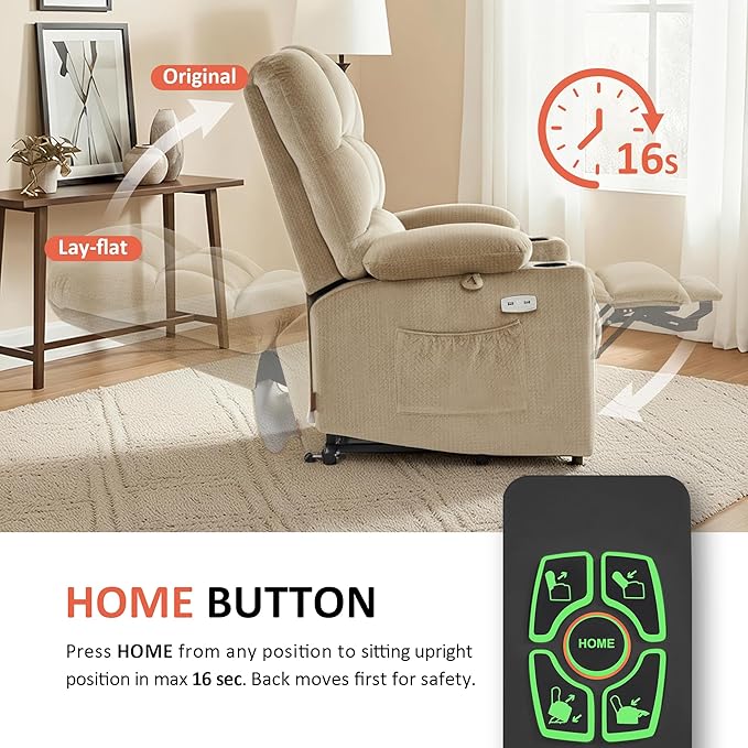 MCombo Dual Motor Power Lift Recliner Chair with Massage and Heat for Elderly People, Infinite Position, USB Ports, Cup Holders, Fabric 7679 (Medium, Beige)
