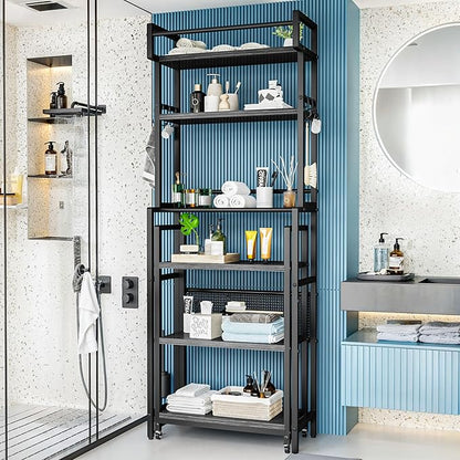 Recaceik 6-Tier Over The Toilet Storage Shelf with Cart, Freestanding Above Toilet Shelf Rack, Farmhouse Bathroom Organizer Shelves, Space Saver (Black)