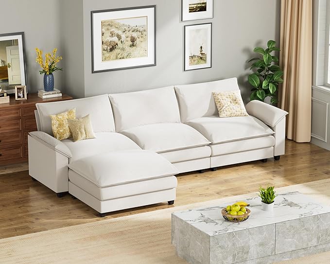 Homall Modular Sectional Sofa, Loveseat Sofa Couch with Reversible Ottoman, DIY Combination Chenille Deep Seat Cloud Couch for Living Room, Apartment (White, L Shaped Sofa)