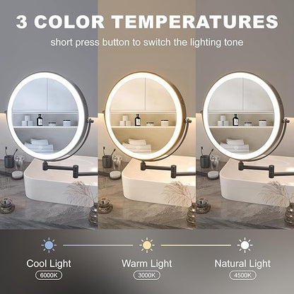 Hasipu 8.5-Inch Wall Mounted Makeup Mirror with Magnification, Rechargeable 2000 mAh Vanity Mirror with Lights, Bathroom Mirror with Dimmable Brightness, 3 Lighting Modes, Extendable Arm, Black