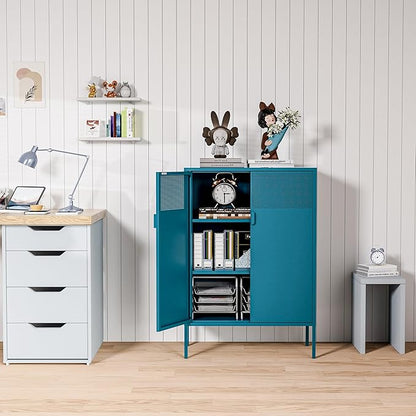 2 Mesh Door Metal Cabinet with Adjustable Shelves, Multipurpose Peacock Blue Storage Cabinet, 3-Tier,Metal Storage Cabinet for Office Home,Hallway(Peacock Blue, 47''H)