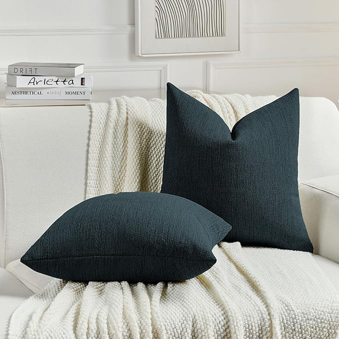 FUTEI Navy Blue Chenille Decorative Throw Pillow Covers 20x20 Inch Set of 2,Soft Cozy Faux Linen Textured Cushion Case,Farmhouse Home Decor for Couch Living Room