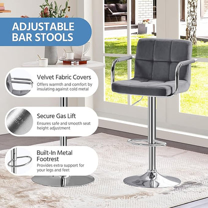 Yaheetech Counter Height Bar Stools Set of 2 Velvet Swivel BarStools for Kitchen Stool Height Adjustable Counter Stool Barstools with Armrest, Velvet, Grey