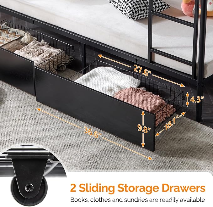 Karl home Metal Bunk Bed Twin Over Twin with 2 Storage Drawers, with USB Charging Station and LED Lighted, Safety Guardrail & Ladder, Easy Assembly, Space Saving, No Noise, No Box Spring Needed, Black