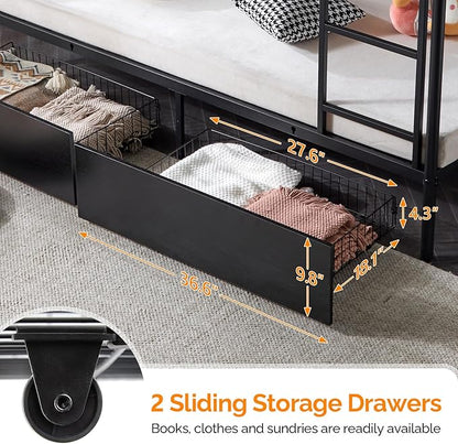 Karl home Metal Bunk Bed Twin Over Twin with 2 Storage Drawers, with USB Charging Station and LED Lighted, Safety Guardrail & Ladder, Easy Assembly, Space Saving, No Noise, No Box Spring Needed, Black