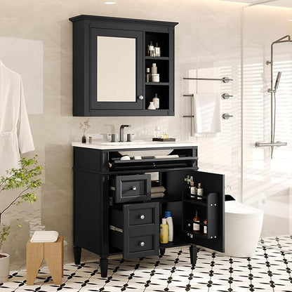 30" Bathroom Vanity with Matching Medicine Cabinet, Modern Sink Storage Cabinet with Drawers, Soft Closing Doors and Shelf, Bathroom Vanities with Sink & Mirror