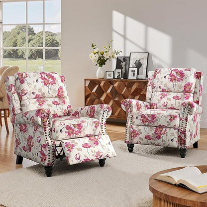 Lumibee Pushback Recliner Chair,Upholstered Wingback Chair for Small Spaces,2 Set of Floral Fabric Armchair for Living Room,Single Sofa Accent Chair Reading Seat for Balcony,Bedroom-Pattern White