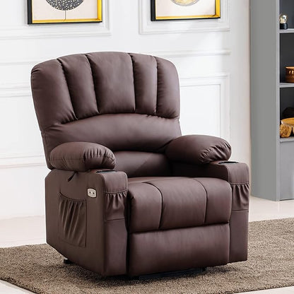 MCombo Power Lift Recliner Chair for Elderly, Lift Chair with Heat and Massage, USB &Type C Ports, Cup Holders, Faux Leather 7095 (Medium, Light Brown)