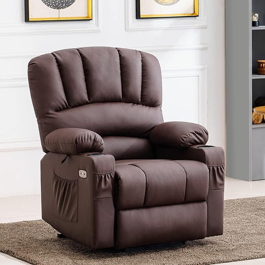 MCombo Power Lift Recliner Chair for Elderly, Lift Chair with Heat and Massage, USB &Type C Ports, Cup Holders, Faux Leather 7095 (Medium, Light Brown)