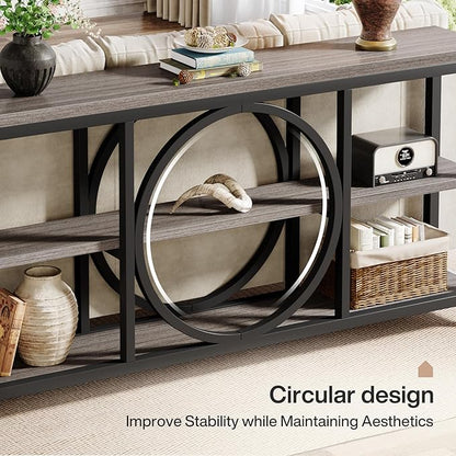 Tribesigns 70.9 Inch Extra Long Console Table for Entryway, Sofa Table Behind Couch with 3 Tier Wood Storage Shelves Industrial Metal Frame for Living Room Hallway Entryway, Black Rustic Gray