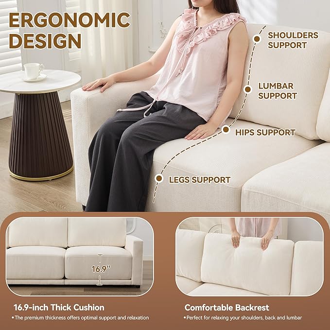 44.2" Chenille Oversized Chair with Movable Ottoman, Modular 1 Seat Couch with Thickened Cushions, Modern Single Sofa Chaise Lounge Reading Chair for Living Room, Small Apartment, White